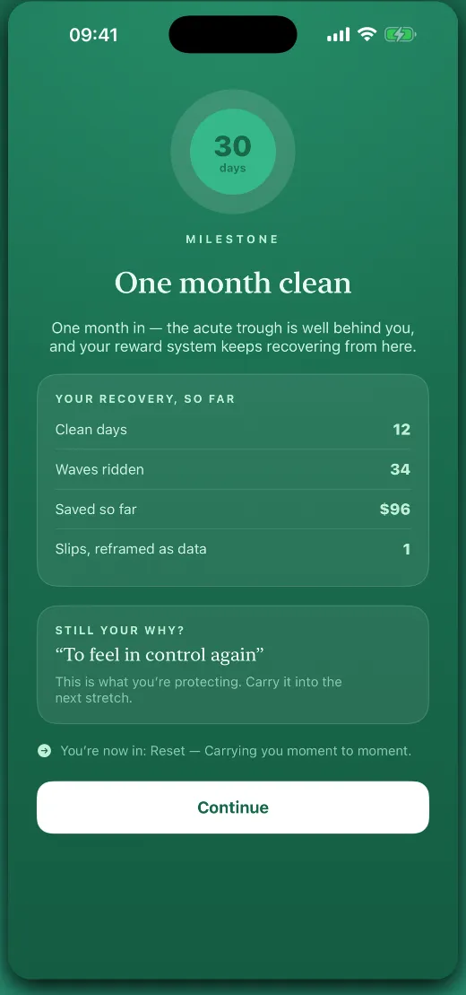 ebbwave one-month-clean milestone screen