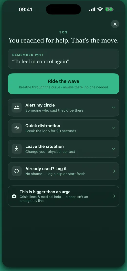 ebbwave SOS screen with one-tap options